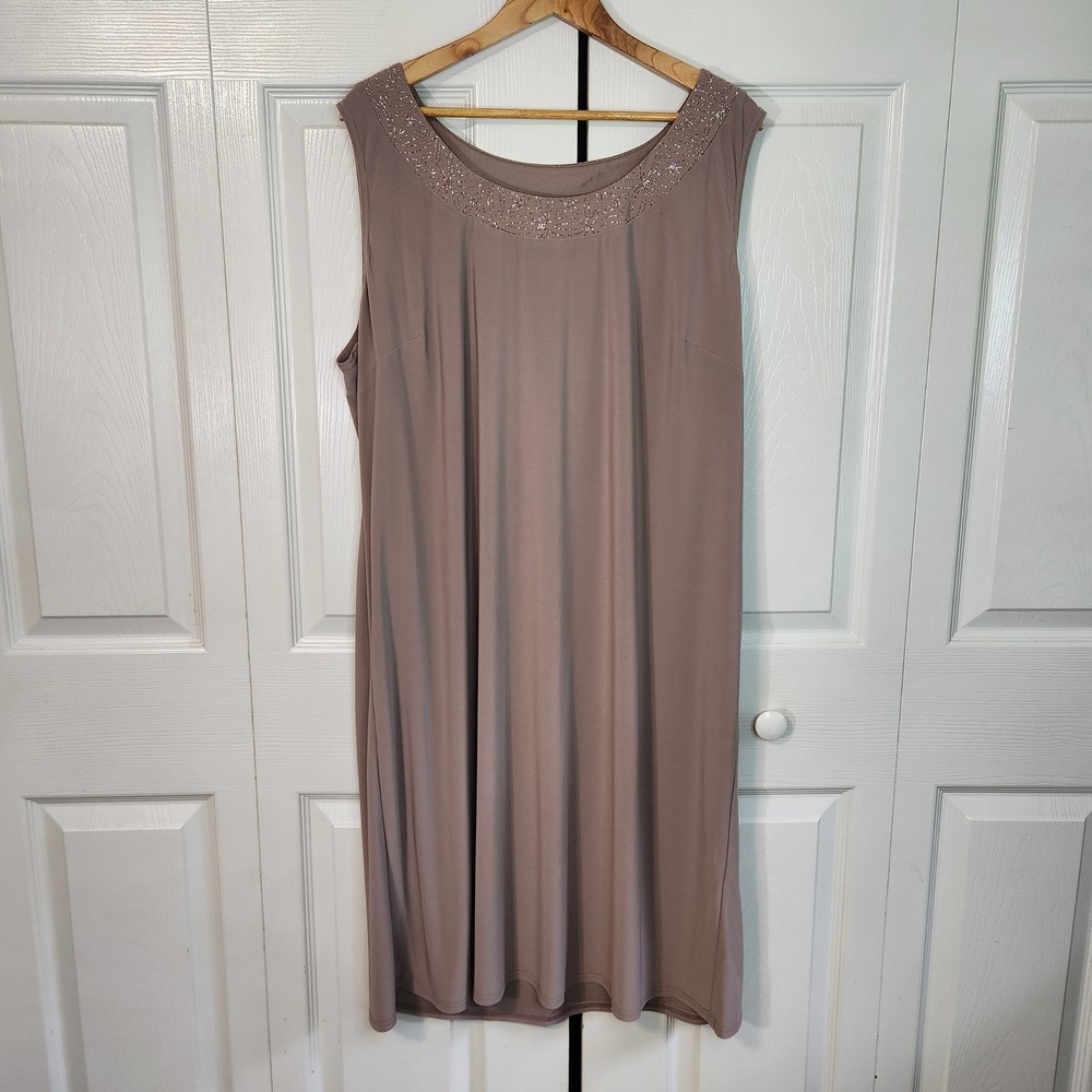 R&M Richards Woman 1X Taupe Sleeveless Glitter Neckline Shift Dress Cocktail